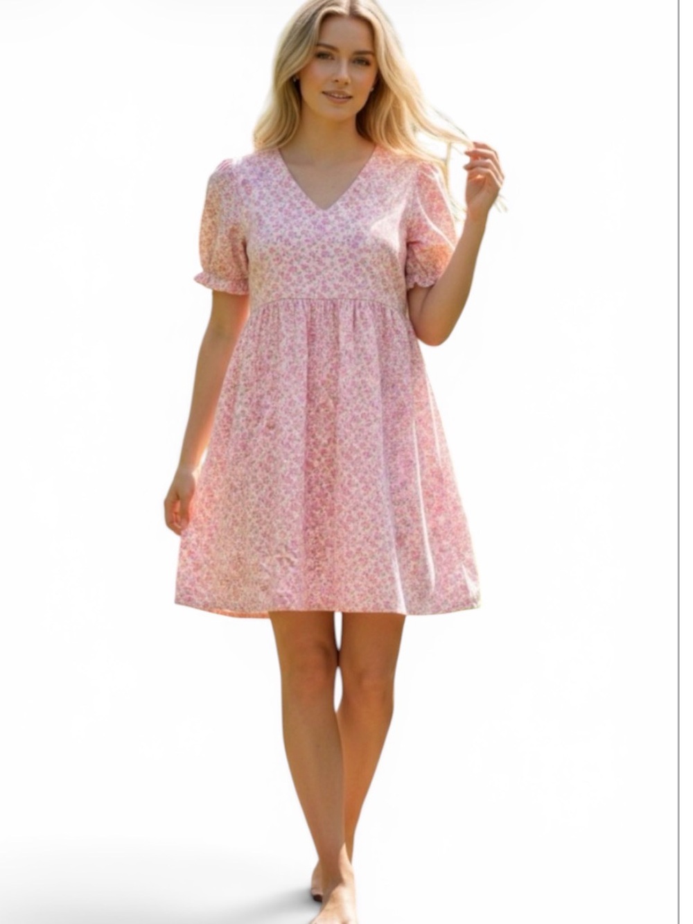 HAYDEN LOS ANGELES Mini- Dress. Girly Girl Baby Doll Mini. Cream w/ Pink Flowers